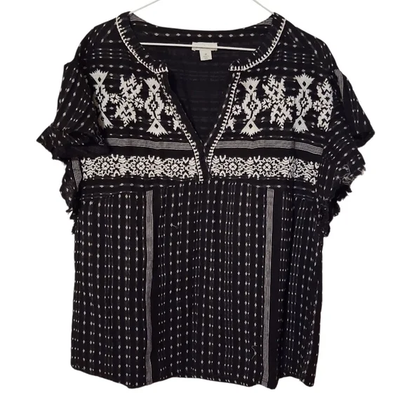 Sundance Electra Top Black Gauze Boho Embroidered Raw Edge Sleeves Sz M - Picture 2 of 10